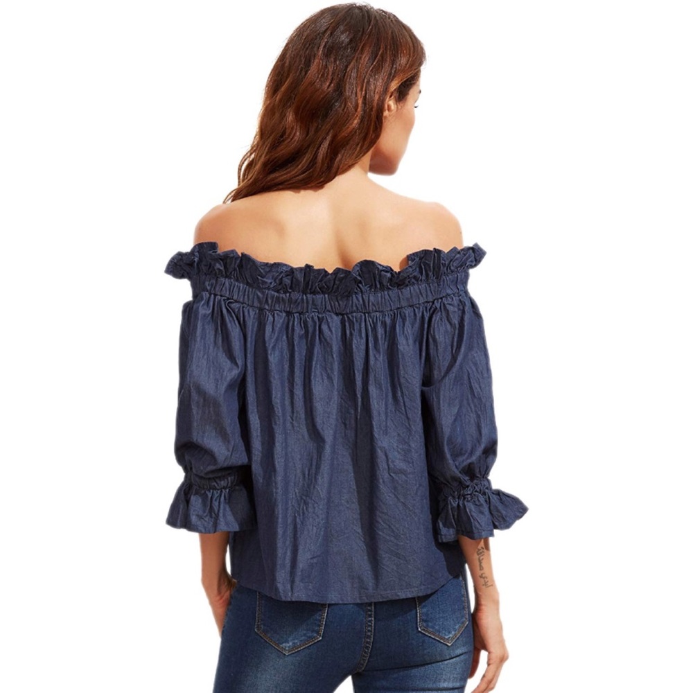 Denim Chambray Off Shoulder Ruffled 3/4 Sleeve Top - Picture 2 of 5